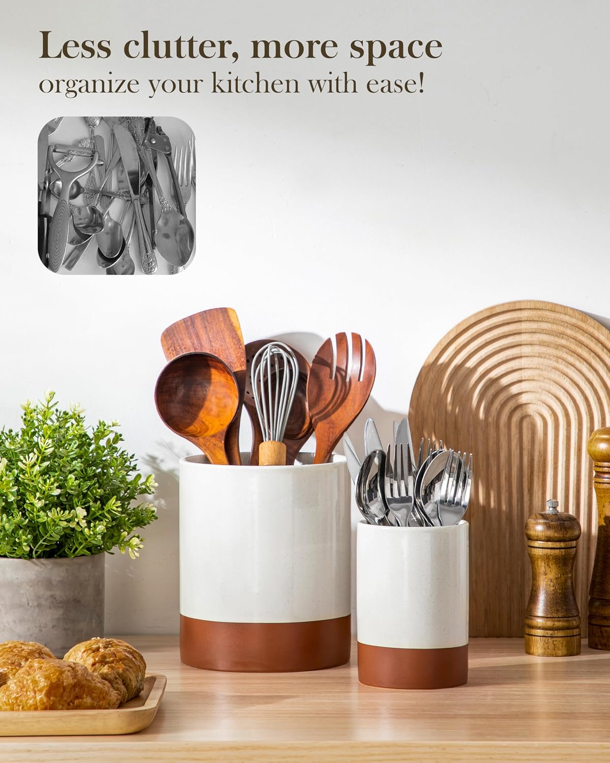 MALACASA TARA Ceramic Utensil Holder Set 2-Piece Farmhouse Kitchen Organizer