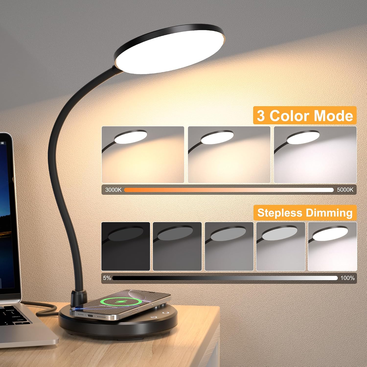Sailstar LED Desk Lamp with Wireless Charger Dimmable Adjustable Neck