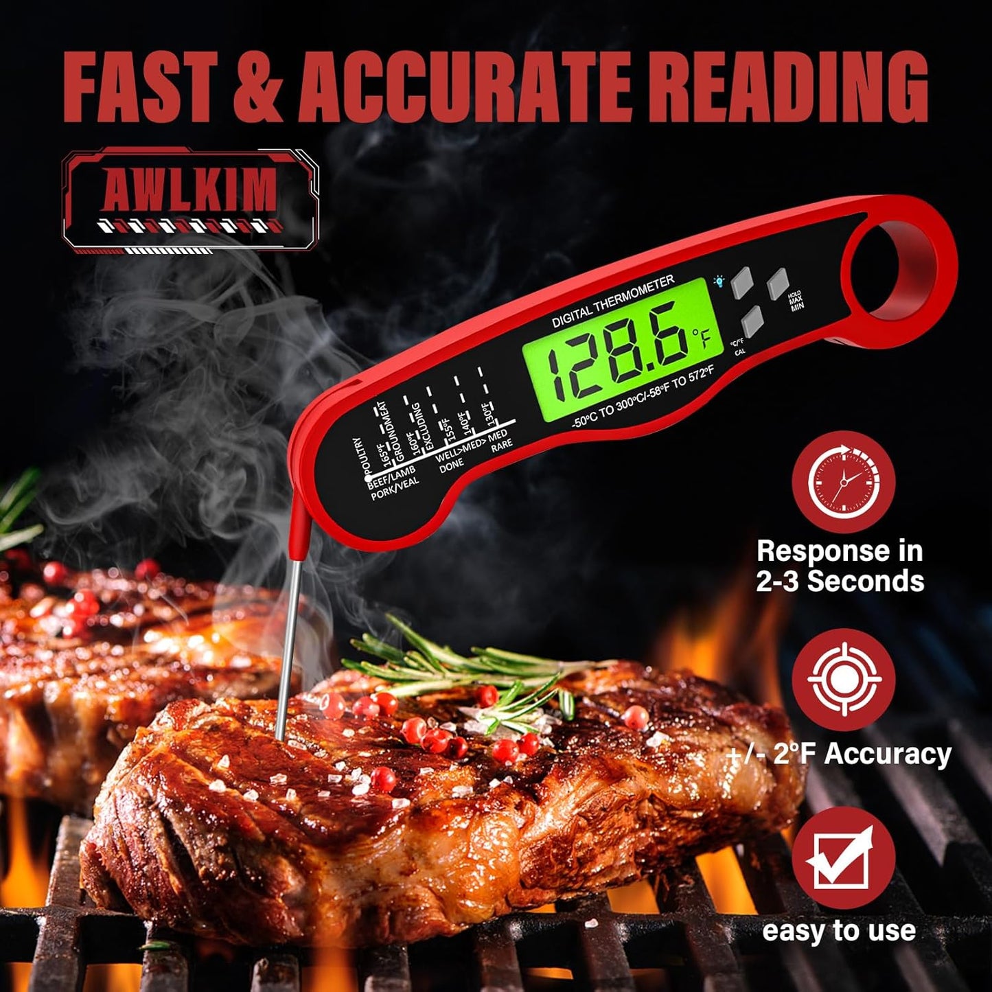 AWLKIM Digital Instant Read Meat Thermometer Waterproof Backlit