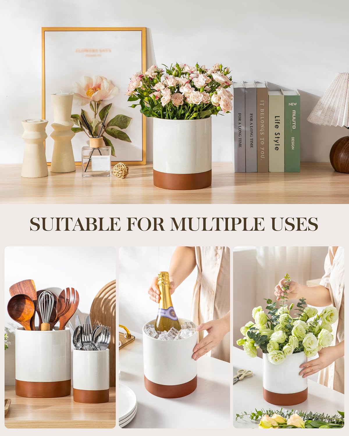 MALACASA TARA Ceramic Utensil Holder Set 2-Piece Farmhouse Kitchen Organizer