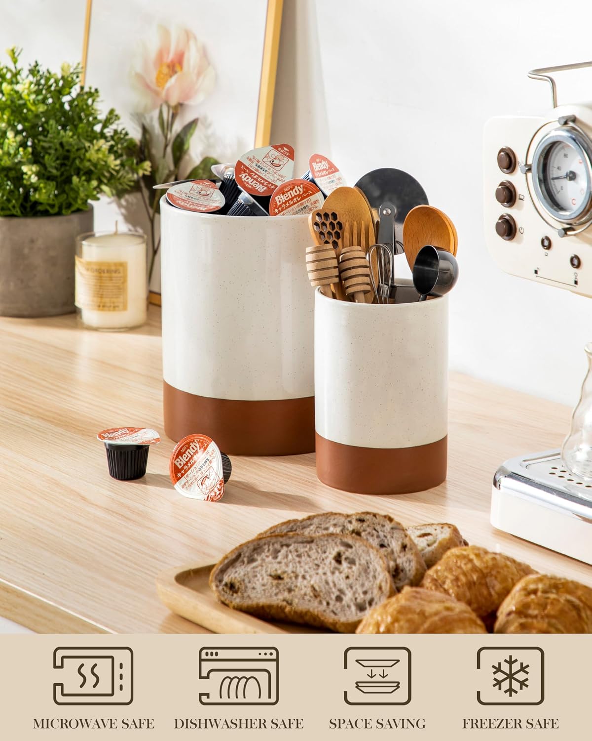 MALACASA TARA Ceramic Utensil Holder Set 2-Piece Farmhouse Kitchen Organizer