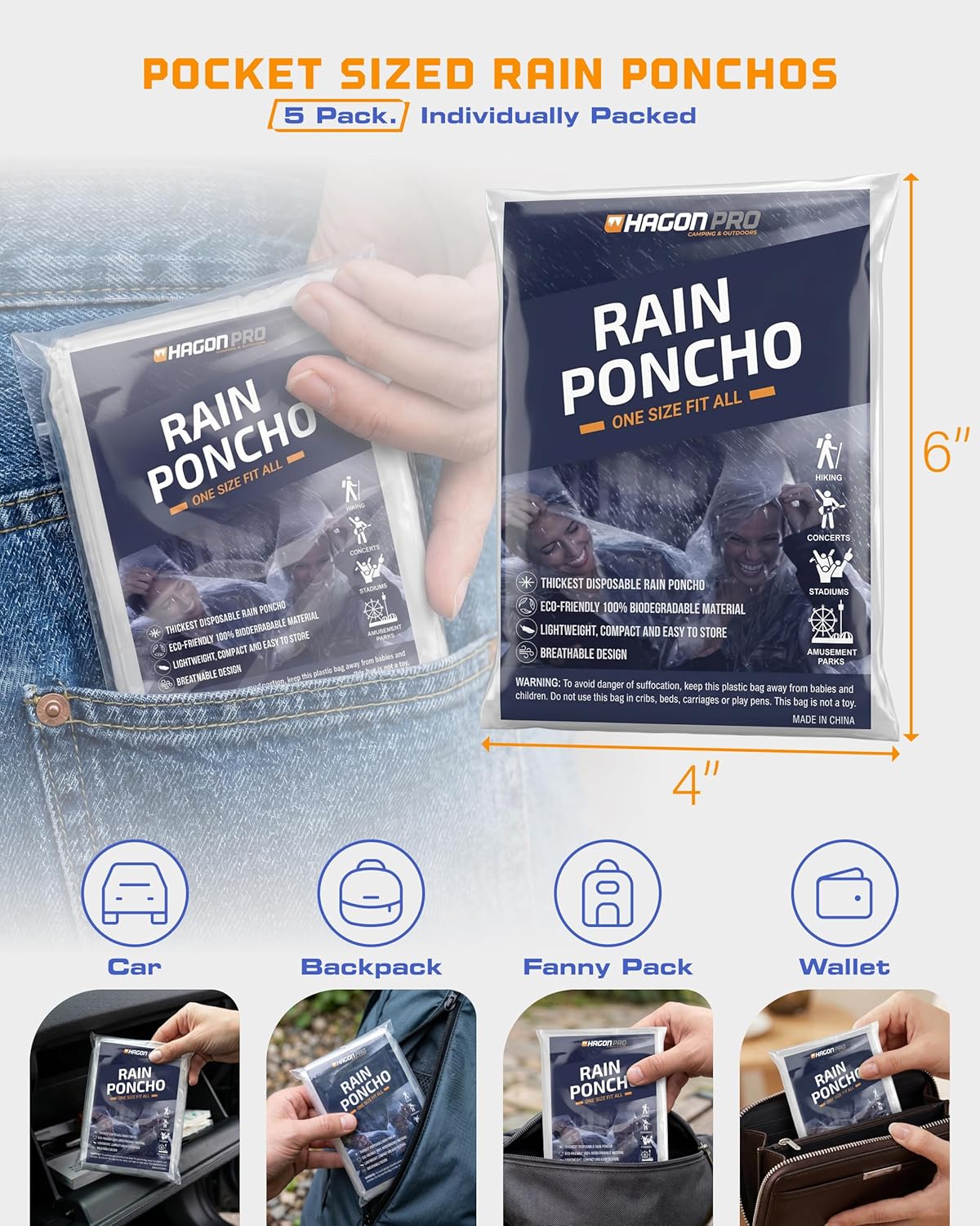 Hagon PRO Disposable Rain Ponchos for Adults 5 Pack