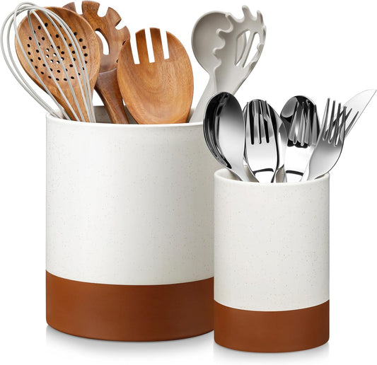 MALACASA TARA Ceramic Utensil Holder Set 2-Piece Farmhouse Kitchen Organizer