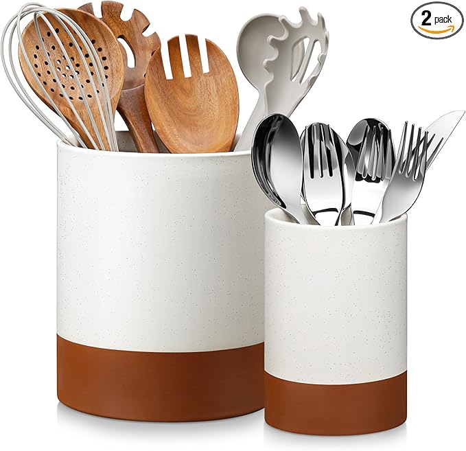MALACASA TARA Ceramic Utensil Holder Set 2-Piece Farmhouse Kitchen Organizer