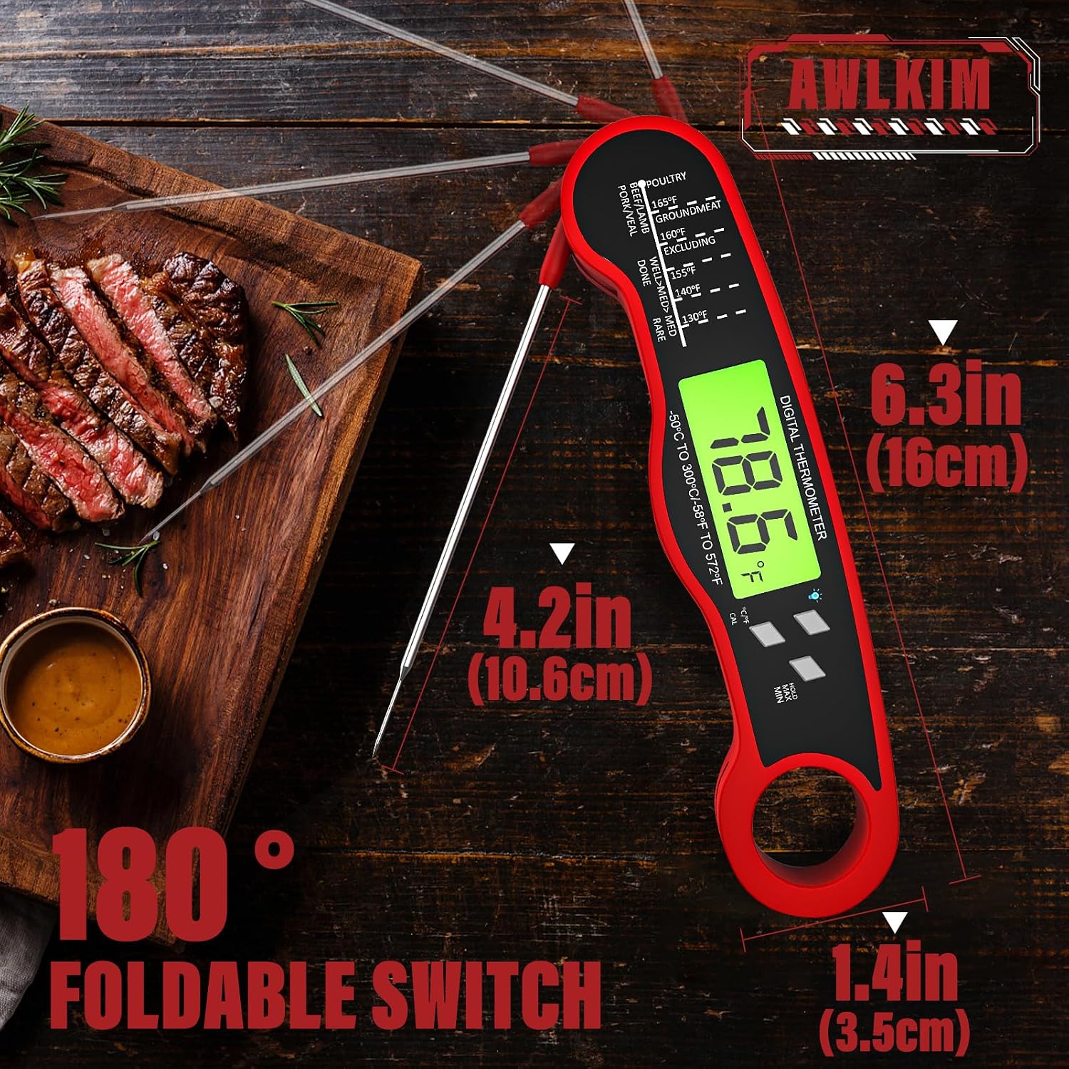 AWLKIM Digital Instant Read Meat Thermometer Waterproof Backlit