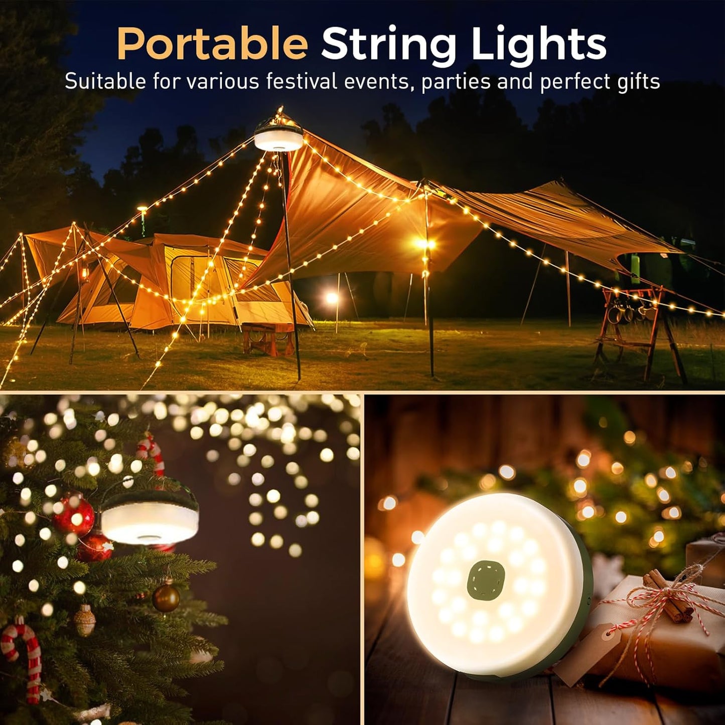 KUQIHUG 32.8ft LED Camping String Lights Rechargeable Portable Waterproof