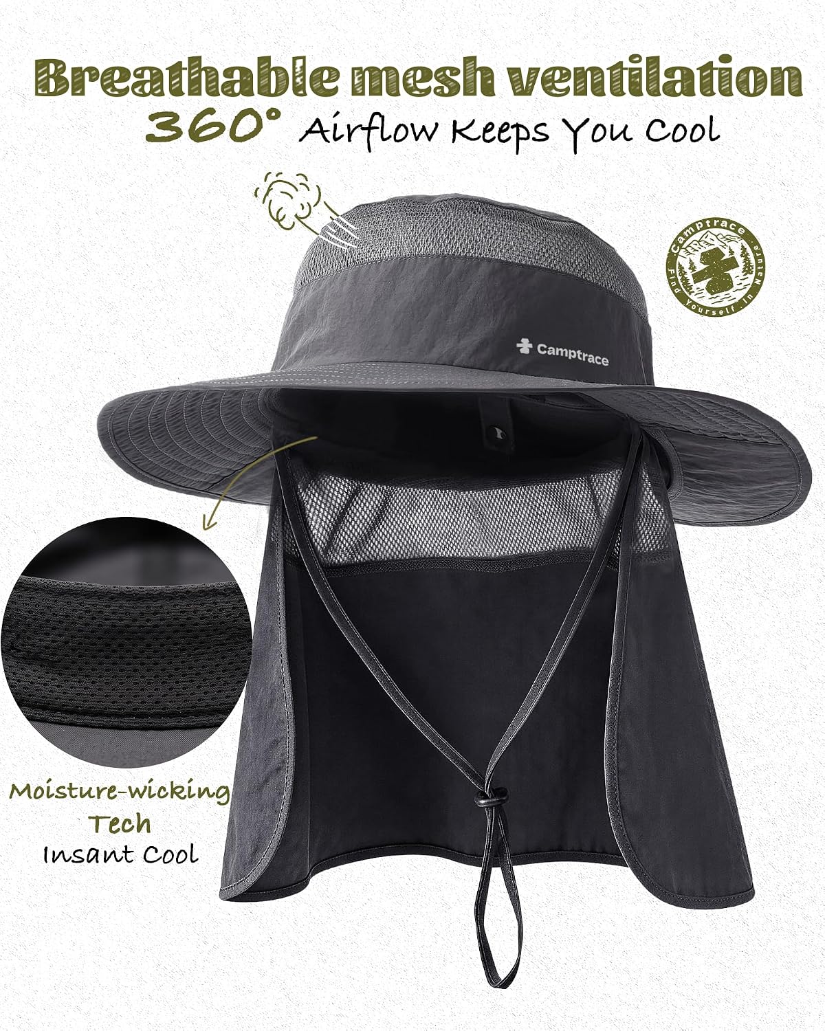 Camptrace Wide Brim Sun Hat with Neck Flap Nylon