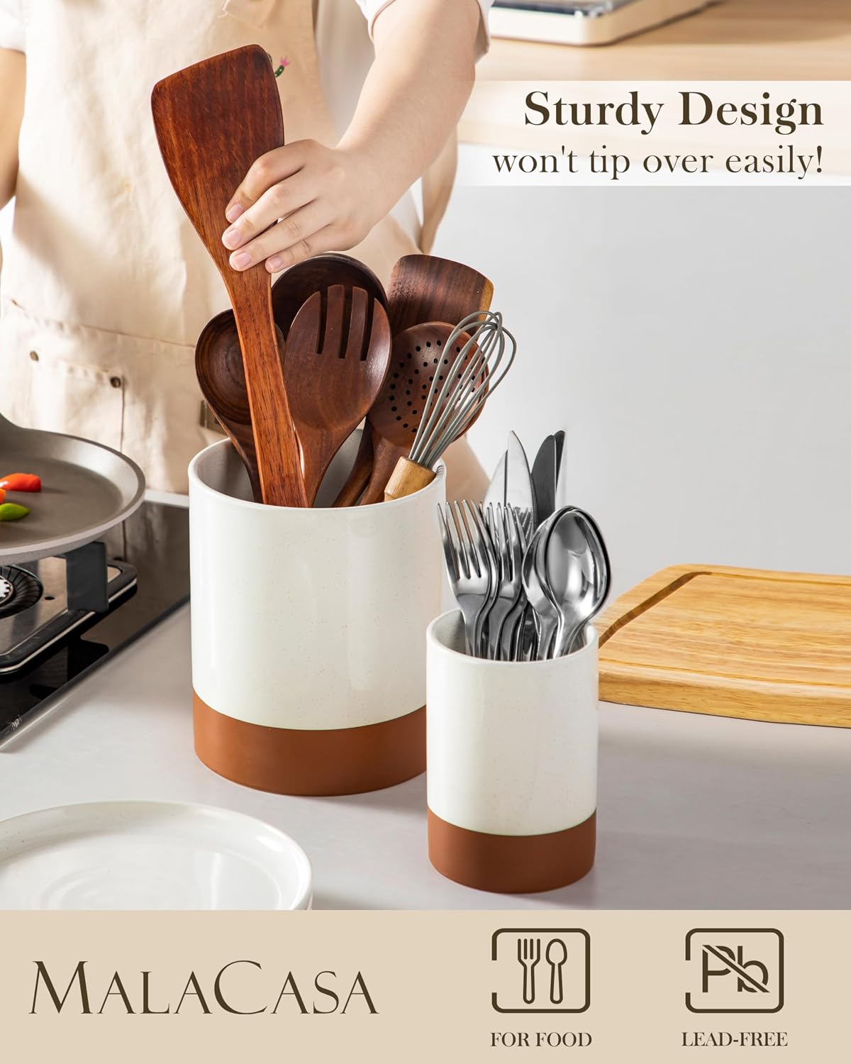 MALACASA TARA Ceramic Utensil Holder Set 2-Piece Farmhouse Kitchen Organizer