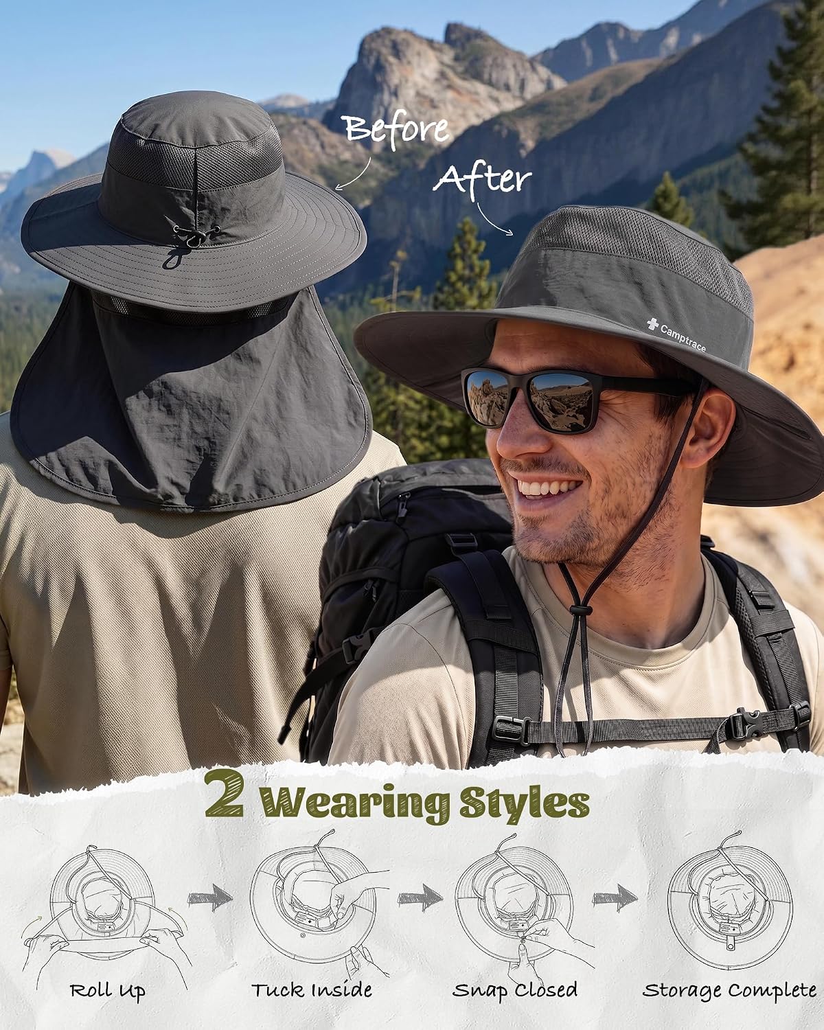 Camptrace Wide Brim Sun Hat with Neck Flap Nylon