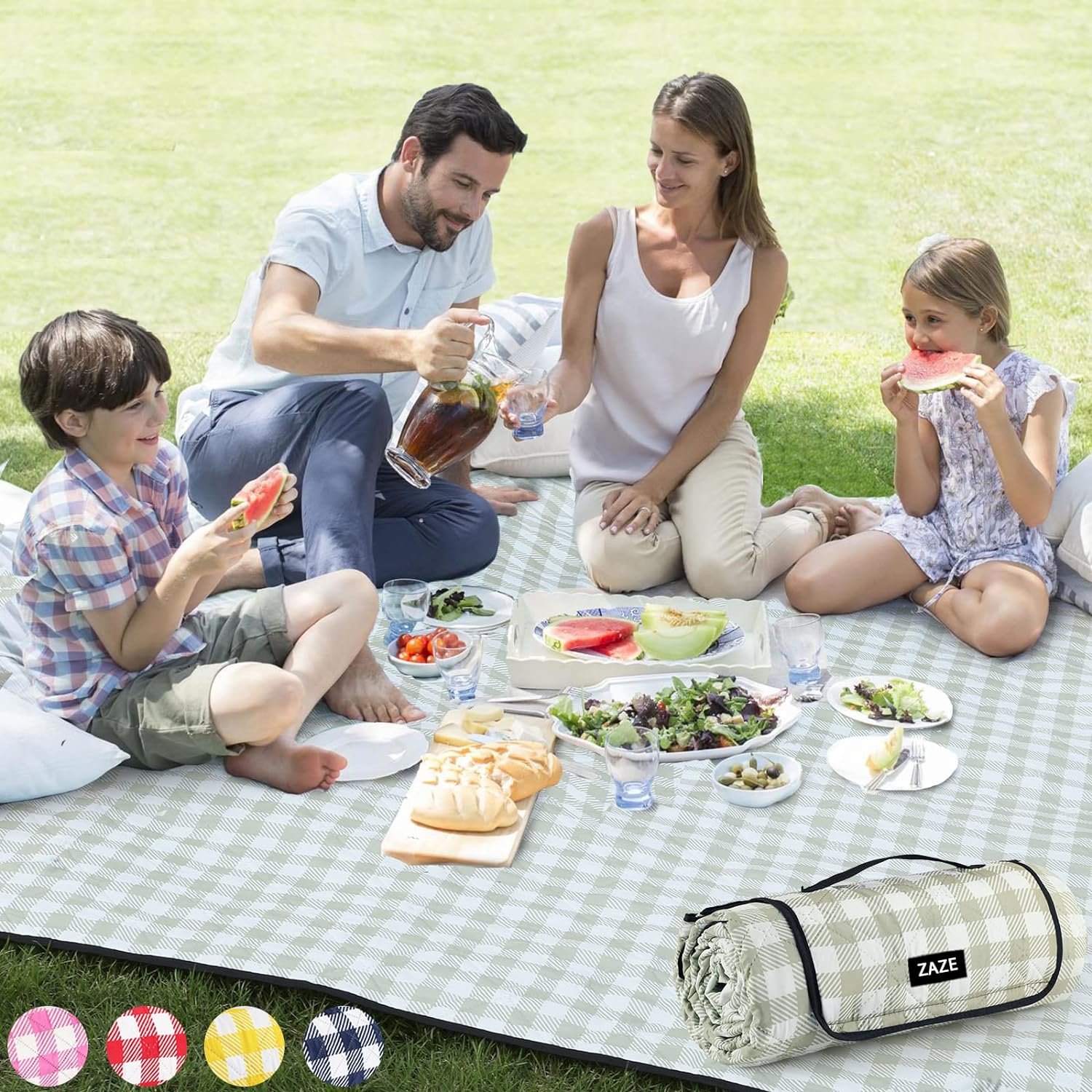 ZAZE Extra Large Gingham Picnic Blanket 80x80 Waterproof