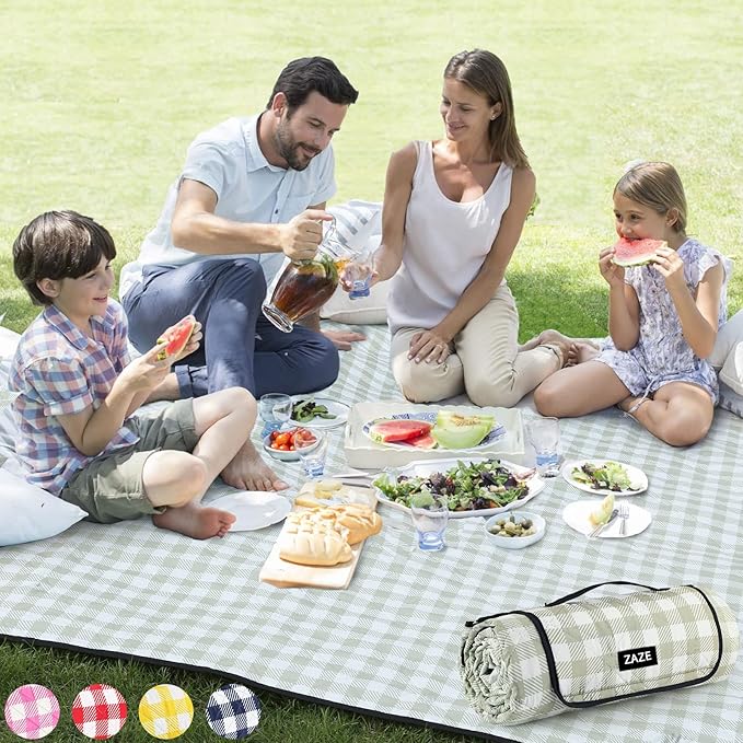 ZAZE Extra Large Gingham Picnic Blanket 80x80 Waterproof